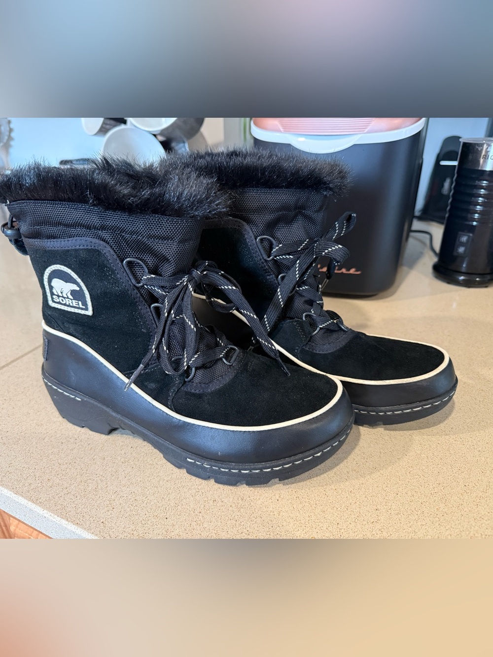 Sorel Black Fur-Trim Waterproof Winter Boots